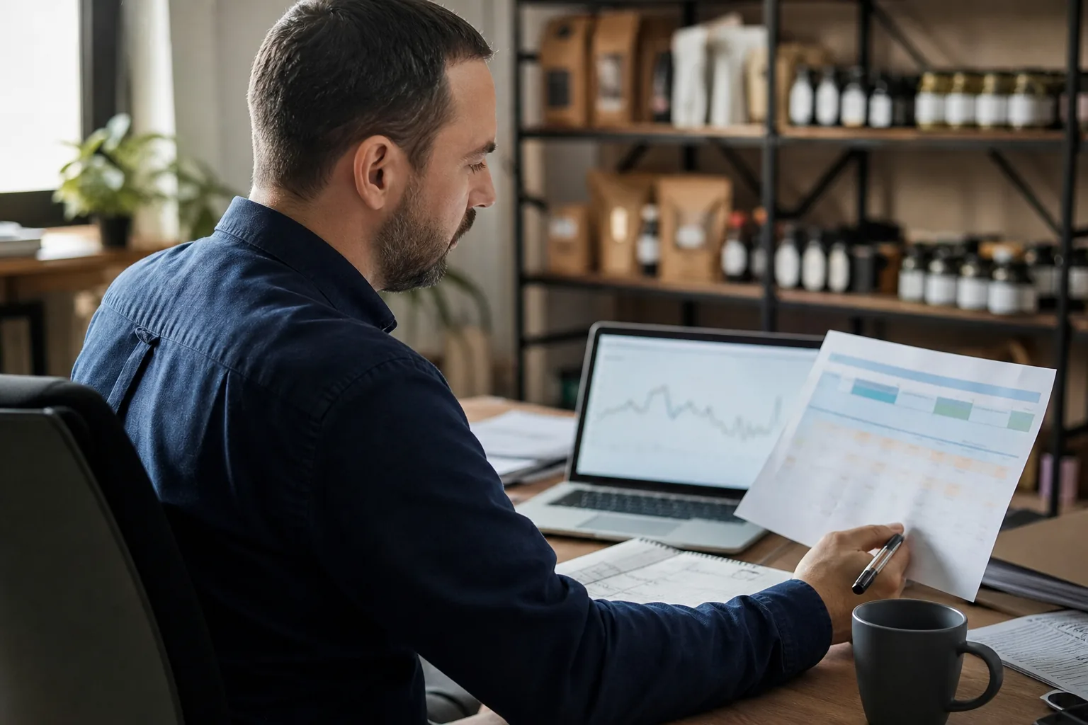 Menedżer e-commerce porównuje oferty dwóch narzędzi do monitoringu cen przy biurku z notatnikiem