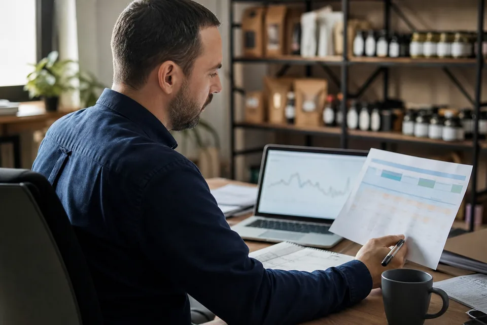 Menedżer e-commerce porównuje oferty dwóch narzędzi do monitoringu cen przy biurku z notatnikiem