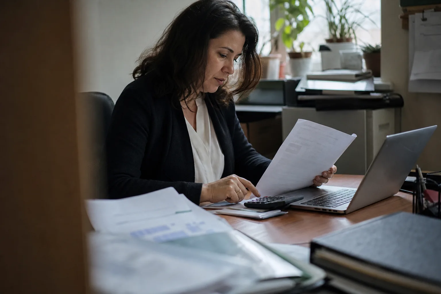 Dyrektorka finansowa sprawdza koszt rocznej subskrypcji narzędzia na laptopie, obok kalkulator
