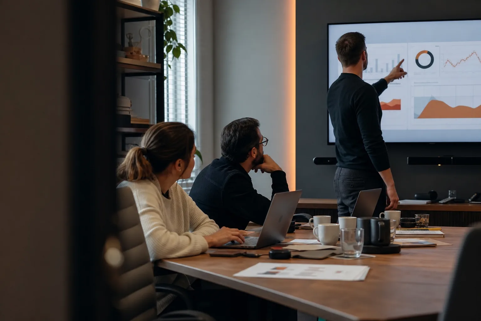 Zespół marketingu omawia ruchy konkurentów przy ekranie z panelem zmian