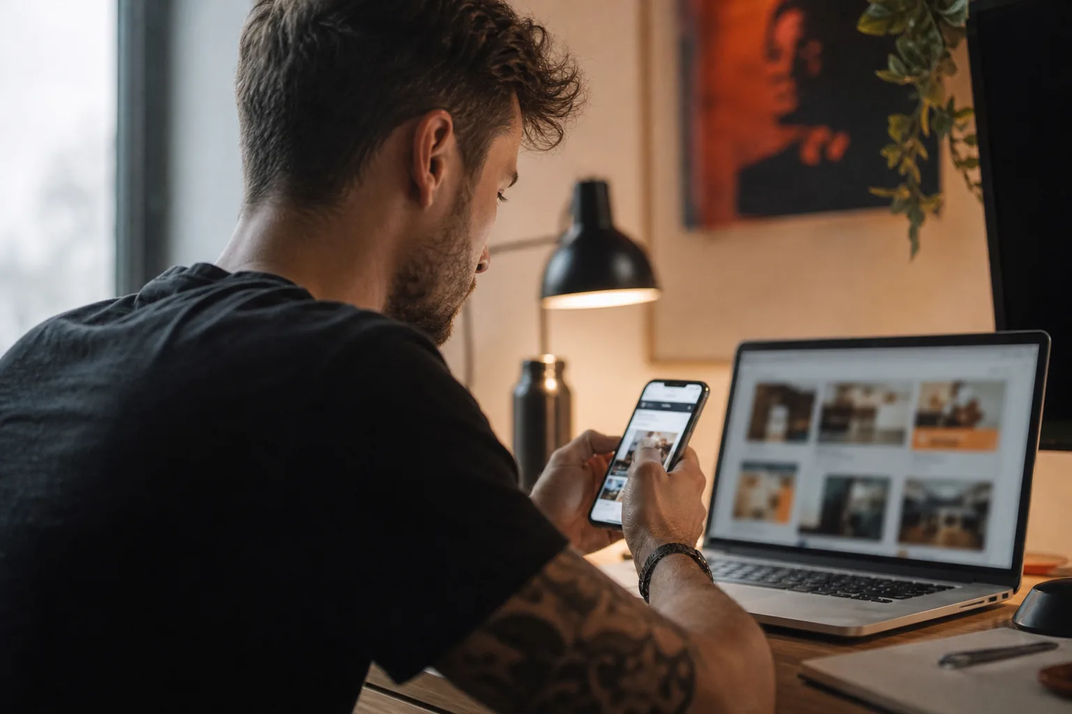 Marketer przegląda reklamy konkurenta na telefonie, a na laptopie jego katalog ofert
