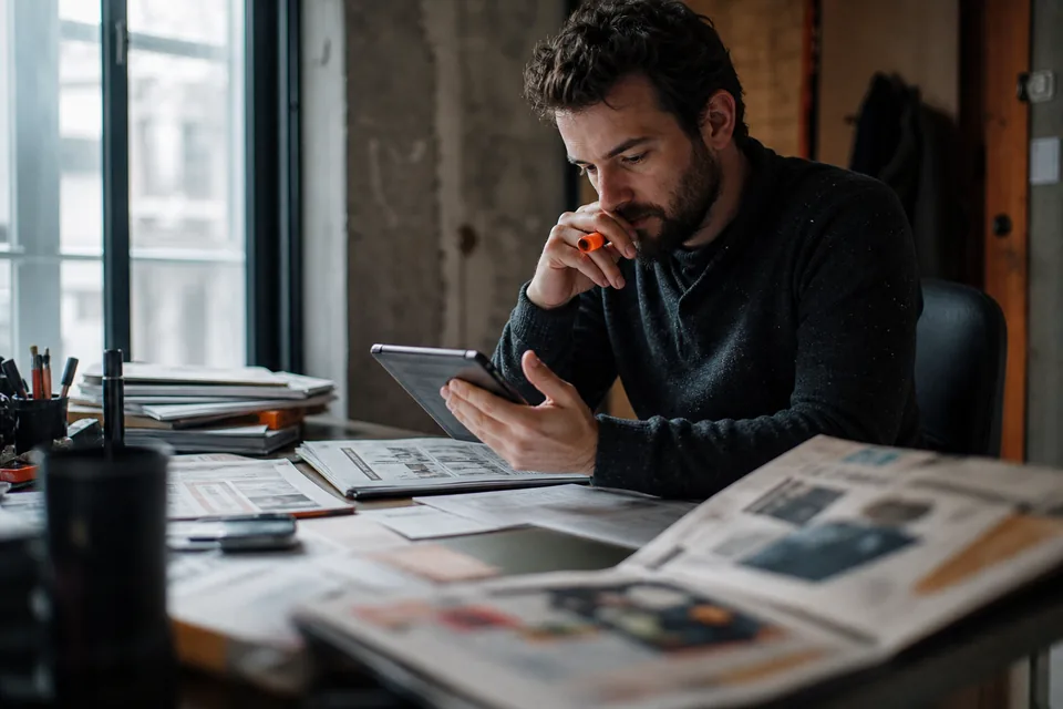 Marketerka zapisuje ruchy konkurencji na tablicy obok laptopa